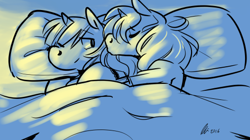 Size: 500x279 | Tagged: safe, artist:rwl, sunset shimmer, twilight sparkle, twilight sparkle (alicorn), alicorn, pony, bed, cuddling, cuddling in bed, eyes closed, female, kissing, lesbian, pillow, shipping, snuggling, sunsetsparkle