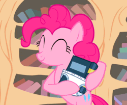 Size: 656x540 | Tagged: safe, screencap, pinkie pie, earth pony, pony, baby cakes, animated, bipedal, book, cropped, diaper, gif, solo
