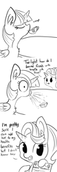 Size: 1650x4950 | Tagged: safe, artist:tjpones, starlight glimmer, twilight sparkle, twilight sparkle (alicorn), alicorn, pony, unicorn, accidental innuendo, bait and switch, black and white, chest fluff, comic, cup, dialogue, drink, drinking, duo, ear fluff, food, friends with benefits, grayscale, health insurance, hoof hold, implied trixie, innocent innuendo, innuendo, misunderstanding, monochrome, onomatopoeia, simple background, spit take, tea, teacup, white background