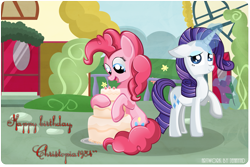 Size: 1275x850 | Tagged: safe, artist:jennynd, pinkie pie, rarity, earth pony, pony, unicorn, cake, female, food, levitation, magic, mare, telekinesis