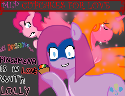 Size: 833x640 | Tagged: safe, artist:lolly <3, pinkie pie, oc, alicorn, earth pony, pony, alicorn oc, cupcake, love, pinkamena diane pie, rainbow cupcake, text