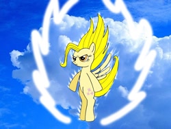 Size: 1024x768 | Tagged: safe, artist:lightdegel, fluttershy, pegasus, pony, bipedal, cloud, cloudy, crossover, dragon ball z, solo, super saiyan