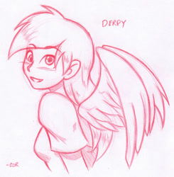 Size: 1013x1033 | Tagged: safe, artist:x-cross, derpy hooves, human, humanized, monochrome, solo, winged humanization