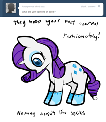 Size: 680x780 | Tagged: safe, artist:moonblizzard, rarity, pony, unicorn, ask, clothes, rarity answers, socks, solo, tumblr