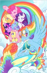 Size: 642x993 | Tagged: safe, artist:mlpfwb, derpibooru import, applejack, fluttershy, pinkie pie, rainbow dash, rarity, twilight sparkle, earth pony, pegasus, pony, unicorn, color porn, mane six, rainbow, surfboard