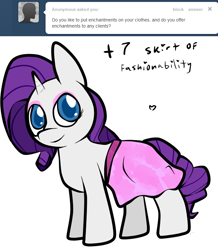 Size: 680x780 | Tagged: safe, artist:moonblizzard, rarity, pony, unicorn, ask, clothes, dress, rarity answers, solo, tumblr