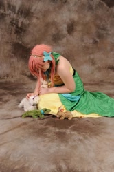 Size: 639x960 | Tagged: safe, artist:katreal, fluttershy, human, 2012, animal, clothes, cosplay, dress, gala dress, irl, irl human, otakon, photo, plushie, solo