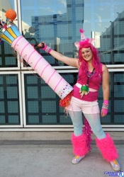 Size: 1436x2048 | Tagged: artist needed, safe, pinkie pie, human, anime expo, cosplay, hat, irl, irl human, leg warmers, partillery, party cannon, party hat, photo, solo