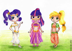 Size: 1024x716 | Tagged: safe, artist:keikowashere, applejack, rarity, twilight sparkle, armlet, barefoot, belly button, belly dancer, belly dancer outfit, clothes, eyeshadow, feet, harem outfit, humanized, jewelry, looking at you, makeup, midriff, ponytail, see-through, traditional art, trio, veil