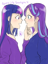 Size: 600x800 | Tagged: safe, artist:extraluna, starlight glimmer, twilight sparkle, human, blushing, clothes, dialogue, female, heart, human coloration, humanized, imminent kissing, lesbian, looking at each other, open mouth, shipping, simple background, twistarlight, white background