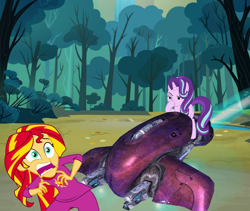 Size: 1988x1678 | Tagged: safe, edit, screencap, starlight glimmer, sunset shimmer, human, pony, unicorn, equestria girls, no second prances, rainbow rocks, boop, clothes, cropped, exploitable meme, forest, ghost (halo), glimmerposting, halo, halo (series), lidded eyes, meme, not salmon, pajamas, raised eyebrow, scared, self-boop, smiling, smirk, solo, the elite, wat