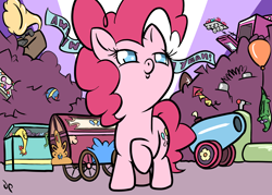 Size: 3500x2500 | Tagged: safe, artist:doggonepony, gummy, pinkie pie, earth pony, pony, balloon, cute, diapinkes, gramophone, lidded eyes, no pupils, partillery, party cannon, pile, rubber chicken, solo, welcome wagon