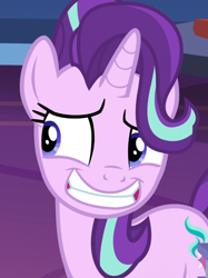 Size: 1076x1436 | Tagged: safe, screencap, starlight glimmer, pony, unicorn, shadow play, grin, nervous, nervous grin, smiling, solo, twilight's castle