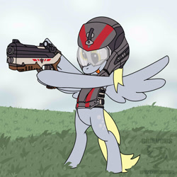 Size: 3240x3240 | Tagged: safe, artist:spazzymcnugget, derpy hooves, pony, armor, bipedal, gun, helmet, planetside, planetside 2, solo, terran republic, this will end in tears, tongue out