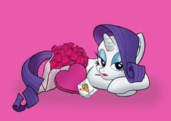 Size: 1280x905 | Tagged: safe, artist:creamygravy, applejack, rarity, earth pony, pony, unicorn, ask-diamond-rarity, lipstick, prone, rarijack, rose, shipping, solo, valentine's day