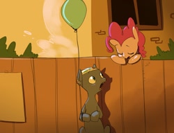 Size: 1024x788 | Tagged: safe, artist:swomswom, pinkie pie, oc, earth pony, pony, balloon, feels, fence, remake, scene interpretation