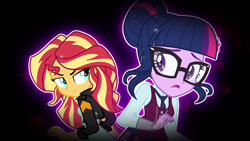 Size: 1280x720 | Tagged: safe, edit, screencap, sci-twi, sunset shimmer, twilight sparkle, equestria girls, friendship games, friendship games song, smirk