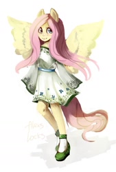 Size: 1181x1748 | Tagged: safe, artist:locksto, fluttershy, anthro, ambiguous facial structure, clothes, dress, solo