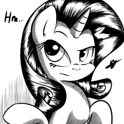 Size: 1200x1200 | Tagged: safe, artist:kyodashiro, rarity, pony, unicorn, female, horn, mare, monochrome, simple background, solo, white background