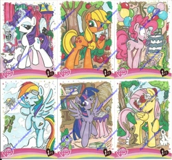 Size: 1205x1116 | Tagged: safe, artist:ponygoddess, derpibooru import, applejack, derpy hooves, fluttershy, gummy, opalescence, pinkie pie, rainbow dash, rarity, spike, tank, twilight sparkle, twilight sparkle (alicorn), alicorn, dragon, earth pony, pegasus, pony, rabbit, unicorn, artist card, cake, female, mane six, mare, traditional art