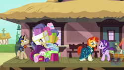 Size: 2208x1242 | Tagged: safe, screencap, starlight glimmer, sunburst, pony, unicorn, uncommon bond, grin, luggage, nervous, nervous grin, smiling, train station