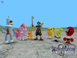 Size: 1024x768 | Tagged: safe, artist:supermaster10, pinkie pie, earth pony, pony, 3d, adventure time, beer, bender bending rodriguez, cigarette, crossover, ed edd n eddy, futurama, garfield, gmod, homestar runner, jake the dog, keyblade, kingdom hearts, plank, sora, spongebob squarepants, strong bad