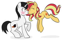 Size: 1500x1000 | Tagged: safe, artist:wubcakeva, sunset shimmer, oc, oc:hot rod, pony, unicorn, blushing, canon x oc, kissing, male, shipping, stallion, straight