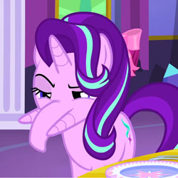 Size: 755x756 | Tagged: safe, edit, edited screencap, screencap, starlight glimmer, elephant, pony, unicorn, elephant trunk, exploitable meme, female, glimmerglammoth, glimmerposting, lidded eyes, mare, meme, not salmon, snoot, solo, tusk, wat