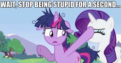 Size: 588x305 | Tagged: safe, derpibooru import, edit, edited screencap, screencap, rarity, twilight sparkle, pony, unicorn, lesson zero, caption, duo, duo female, female, image macro, messy mane, reaction image, twilight snapple