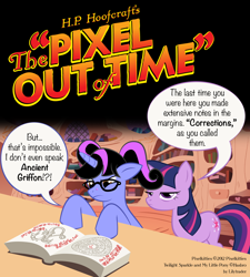 Size: 1800x2000 | Tagged: safe, artist:deeptriviality, derpibooru import, twilight sparkle, oc, oc:pixelkitties, book, glasses, lovecraft, parody