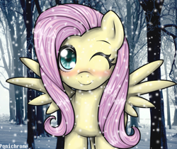 Size: 3232x2712 | Tagged: safe, artist:queensmil3y, fluttershy, pegasus, pony, snow, snowfall, solo, wink