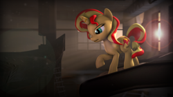 Size: 3840x2160 | Tagged: safe, artist:imafutureguitarhero, sunset shimmer, pony, 3d, 4k, abandoned setting, crepuscular rays, lens flare, raised hoof, solo, source filmmaker, sunlight, wallpaper