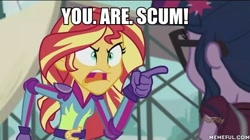 Size: 600x337 | Tagged: safe, edit, edited screencap, screencap, sci-twi, sunset shimmer, twilight sparkle, equestria girls, angry, exploitable meme, image macro, meme, nostalgia critic, sunset yells at twilight