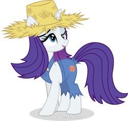 Size: 3572x3374 | Tagged: safe, artist:vector-brony, rarity, pony, unicorn, simple ways, alternate hairstyle, derp, hat, high res, overalls, rarihick, signature, simple background, smiling, solo, straw hat, transparent background, vector
