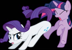 Size: 900x628 | Tagged: safe, derpibooru import, rarity, twilight sparkle, pony, unicorn, sonic rainboom (episode), butt bump, butt smash, now go on