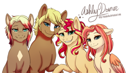 Size: 900x526 | Tagged: safe, artist:miamaha, quarter hearts, sunset shimmer, oc, oc:astral dusk, oc:eventide twister, earth pony, pegasus, pony, unicorn, :3, crack shipping, female, floppy ears, grin, lidded eyes, link, looking at you, male, mare, offspring, parent:quarter hearts, parent:sunset shimmer, parents:sunsethearts, raised hoof, rupee, shipping, simple background, sitting, smiling, stallion, straight, sunsethearts, the legend of zelda, white background