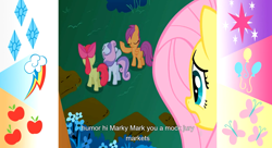 Size: 1600x870 | Tagged: safe, screencap, apple bloom, fluttershy, sweetie belle, pegasus, pony, stare master, cutie mark, marky mark, meme, youtube, youtube caption