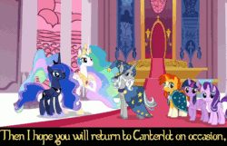 Size: 682x440 | Tagged: safe, edit, screencap, princess celestia, princess luna, star swirl the bearded, starlight glimmer, sunburst, twilight sparkle, twilight sparkle (alicorn), alicorn, pony, unicorn, shadow play, amulet, animated, banner, beardedbetes, bell, bowing, canterlot castle, canterlot throne room, cape, caption, carpet, close-up, clothes, cropped, crown, crying, cute, daaaaaaaaaaaw, ethereal mane, female, fountain, grin, happy, hat, jewelry, lip bite, looking at you, male, mare, pillar, pointing, raised hoof, regalia, slippers, smiling, stained glass, stallion, starry mane, surprised, tears of joy, text, throne, throne room, twiabetes, water, wizard hat