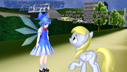 Size: 1280x720 | Tagged: safe, artist:php74, derpy hooves, pegasus, pony, 3d, butt, cirno, clothes, crossover, dialogue, dress, eye contact, fairy, female, looking at each other, looking down, looking up, mare, mmd, plot, raised hoof, sad, text, touhou, tree, ⑨