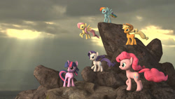 Size: 1920x1080 | Tagged: safe, artist:apexpredator923, derpibooru import, applejack, fluttershy, pinkie pie, rainbow dash, rarity, twilight sparkle, earth pony, pegasus, pony, unicorn, 3d, mane six, rock