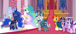 Size: 1000x450 | Tagged: safe, screencap, princess celestia, princess luna, star swirl the bearded, starlight glimmer, sunburst, twilight sparkle, twilight sparkle (alicorn), alicorn, pony, unicorn, shadow play, amulet, banner, beardedbetes, bell, canterlot castle, canterlot throne room, cape, carpet, clothes, cropped, crown, ethereal mane, female, fountain, happy, hat, jewelry, looking at you, male, mare, pillar, raised hoof, regalia, slippers, smiling, stained glass, stallion, starry mane, throne, throne room, water