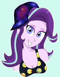 Size: 1068x1364 | Tagged: safe, artist:iyoungsavage, starlight glimmer, equestria girls, alternate costumes, bust, emoji, hat, simple background, smiling, solo, 😂