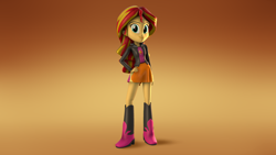 Size: 3000x1687 | Tagged: safe, artist:luminousdazzle, sunset shimmer, equestria girls, 3d, clothes, jacket, leather jacket, skirt, smiling, solo, source filmmaker