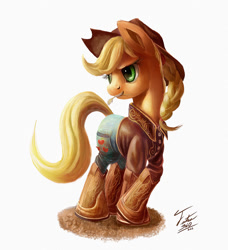 Size: 800x879 | Tagged: safe, artist:tsitra360, applejack, earth pony, pony, alternate hairstyle, boots, braid, clothes, crossed hooves, hoof boots, jeans, solo, straw