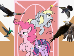 Size: 1123x846 | Tagged: safe, artist:meepymaybelle, derpy hooves, pinkie pie, twilight sparkle, twilight sparkle (alicorn), alicorn, bald eagle, bird, eagle, hummingbird, pigeon, pony, birdemic, clothes hanger, crossover, female, mare, question mark