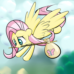 Size: 2000x2000 | Tagged: safe, artist:malwinters, fluttershy, pegasus, pony, bindle, flying, solo