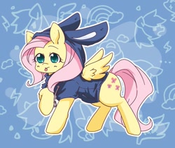 Size: 907x767 | Tagged: safe, artist:yukandasama, fluttershy, pegasus, pony, bunny ears, clothes, dangerous mission outfit, female, hoodie, mare, pixiv, solo, tongue out