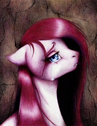 Size: 1688x2186 | Tagged: safe, artist:silverwolf866, pinkie pie, earth pony, pony, crying, ear fluff, female, floppy ears, fluffy, frown, lidded eyes, looking at you, mare, pinkamena diane pie, profile, sad, solo