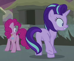 Size: 492x405 | Tagged: safe, screencap, pinkie pie, starlight glimmer, earth pony, pony, shadow play, balloonbutt, cropped, glimmer glutes, plot