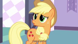 Size: 1023x576 | Tagged: safe, screencap, applejack, earth pony, pony, spike at your service, female, mare, masochism, youtube caption